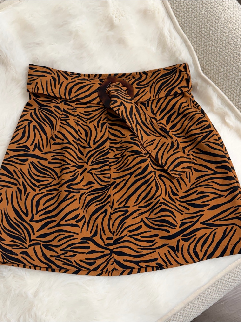 Zara Black and Brown Zebra-Print Belted Mini Skirt